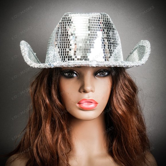 Shinny Disco Ball Mirrors Rave Party Top Cowboy Cowgirl Party Top Hat Silver